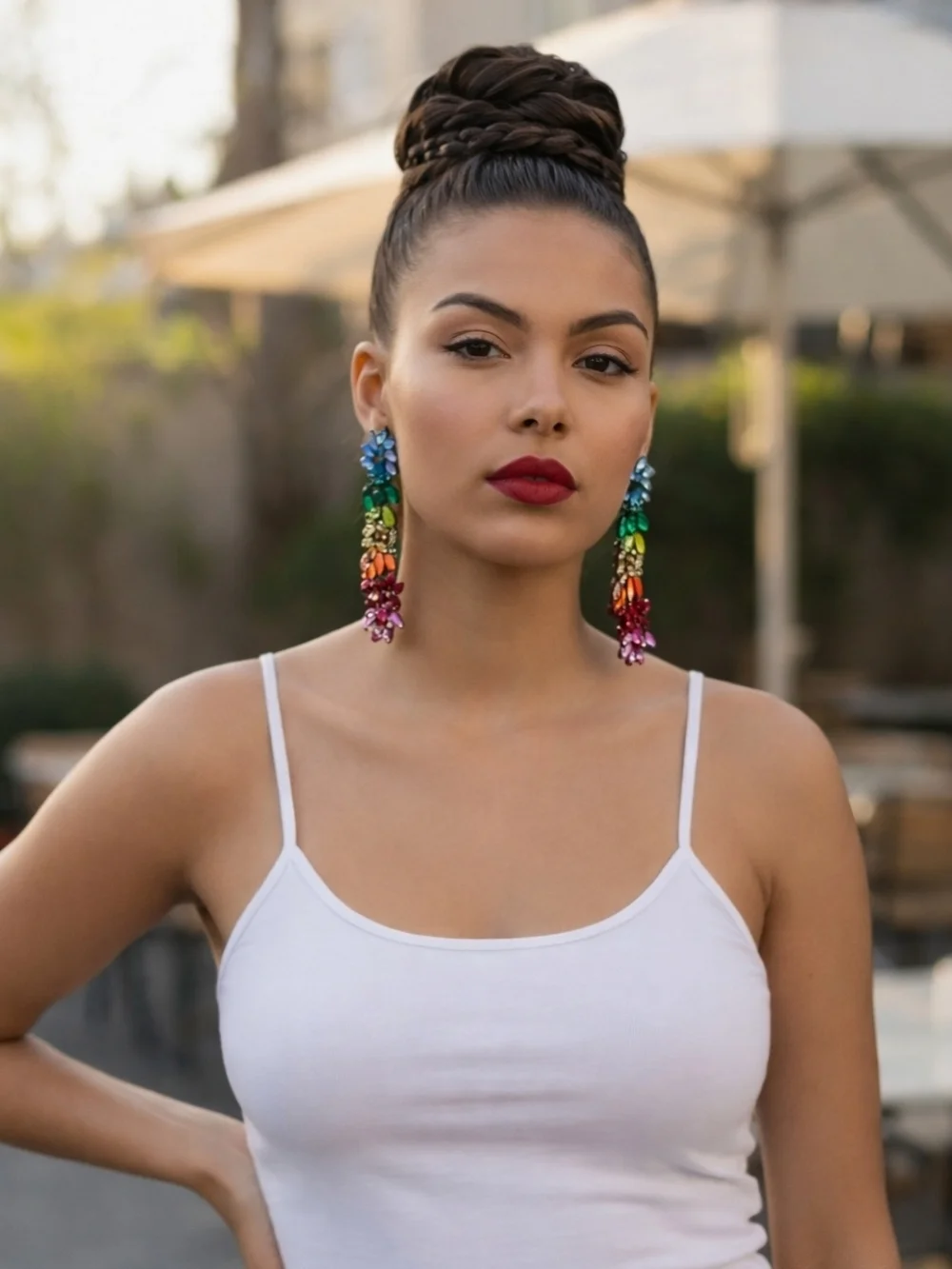 Rainbow Crystals Floral Cascade Statement Earrings